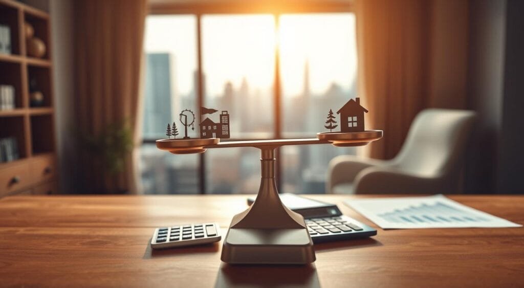 A balanced scale on a wooden table, symbolizing asset allocation, with various investment icons like stocks, bonds, real estate, and commodities on one side and cash on the other. In the foreground, the scale stands out in sharp focus, illuminated by soft, natural light from a nearby window. In the middle ground, a blurred cityscape suggests a bustling financial district, while a blurred calculator and graphs lie on the table. The warm lighting creates a calm and thoughtful atmosphere, inviting viewers to reflect on the importance of balancing assets. The angle is slightly overhead, capturing both the scale and the surrounding elements harmoniously, emphasizing the theme of balance and strategic investment choices.