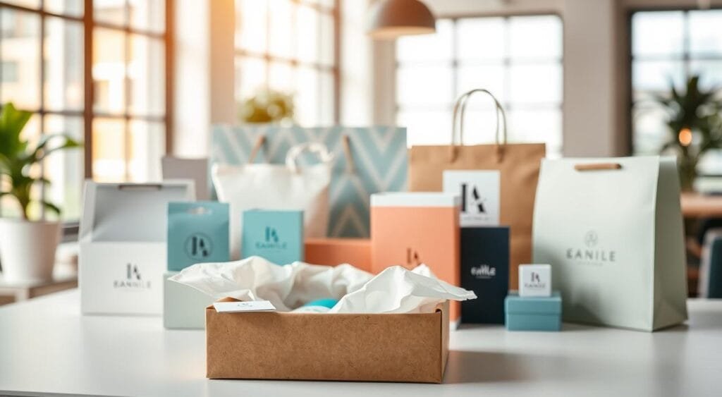 A beautifully arranged display of custom product packaging, showcasing a variety of unique boxes, bags, and labels in soft pastel colors. In the foreground, a stylish, eco-friendly box is partially open, revealing elegant tissue paper and a neatly placed product inside. The middle layer features several other packaging designs, each focusing on branding elements like logos and colors, reflecting creativity and attention to detail. The background is softly blurred, hinting at a modern workspace with natural light streaming through large windows, creating an inviting atmosphere. Use a shallow depth of field to highlight the packaging while maintaining an overall warm and professional mood, evoking a sense of innovation in marketing. A beautifully arranged display of custom product packaging, showcasing a variety of unique boxes, bags, and labels in soft pastel colors. In the foreground, a stylish, eco-friendly box is partially open, revealing elegant tissue paper and a neatly placed product inside. The middle layer features several other packaging designs, each focusing on branding elements like logos and colors, reflecting creativity and attention to detail. The background is softly blurred, hinting at a modern workspace with natural light streaming through large windows, creating an inviting atmosphere. Use a shallow depth of field to highlight the packaging while maintaining an overall warm and professional mood, evoking a sense of innovation in marketing.