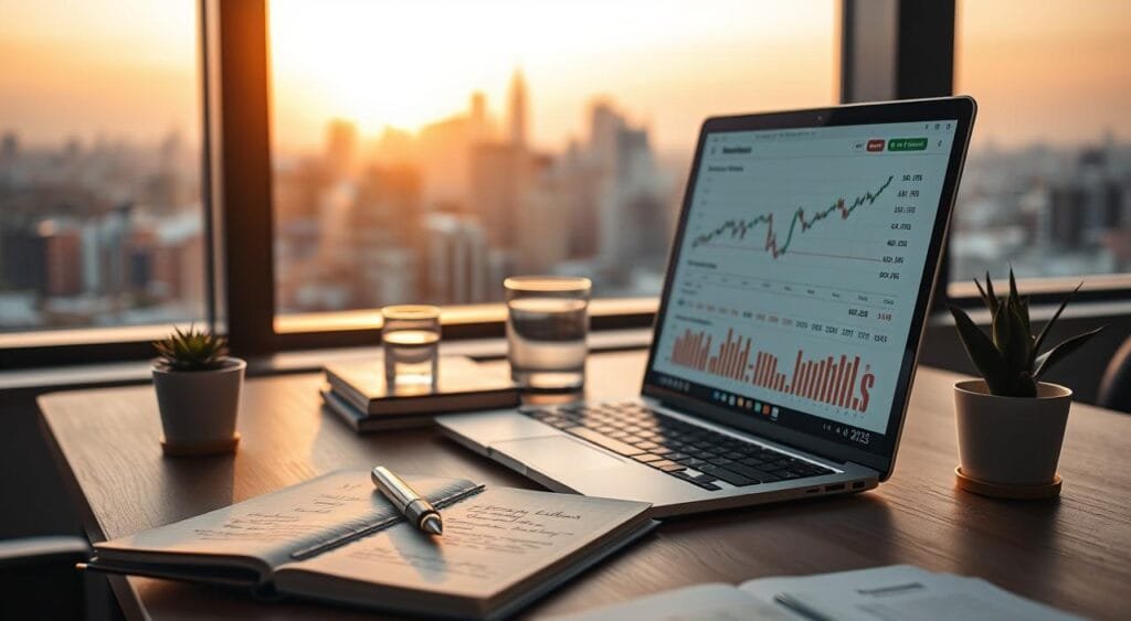 A beautifully arranged office desk in the foreground, showcasing a modern laptop open to a stock market analysis page, with graphs and charts displaying positive trends. Beside the laptop, there’s a notepad with handwritten notes about dividend stocks, a fountain pen, and a potted succulent. In the middle, a glass of water and a small stack of investment-related books hint at a thoughtful investment strategy. The background reveals a panoramic window overlooking a city skyline at sunset, casting warm golden lighting that creates a calm, professional atmosphere. Soft focus on the cityscape enhances the sense of inspiration and opportunities. The mood is optimistic and productive, capturing the essence of financial growth through dividend investments.