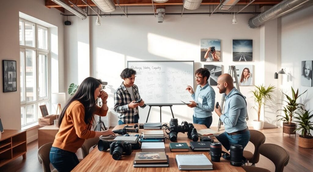 A bright and inviting photography workshop in a modern studio setting. In the foreground, a diverse group of three aspiring photographers, dressed in smart casual attire, is gathered around a large wooden table filled with cameras, lenses, and photography books. The middle section features a large whiteboard adorned with notes and sketches on photography techniques, while a beam of soft, natural light filters through floor-to-ceiling windows, creating a warm atmosphere. In the background, you can see posters showcasing famous photographs and a cozy corner with potted plants. The overall mood is collaborative and inspiring, capturing the essence of continuing education in photography, with an inviting and motivational ambiance that encourages creativity.