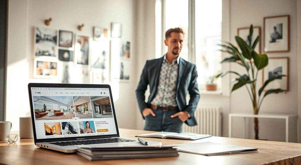 A bright and inviting workspace showcasing effective marketing strategies for freelance interior designers. In the foreground, a well-organized desk features a laptop open to a vibrant website with beautifully designed interior spaces. Next to it, a coffee cup and design magazines are neatly arranged. In the middle ground, a stylish interior designer, dressed in smart casual attire, is engaged in a video call with a client, discussing design plans. Behind them, a wall adorned with mood boards and color palettes, alongside framed artwork, conveys creativity and professionalism. Soft natural light floods in through a large window, highlighting the designer’s focused expression and creating a warm, inviting atmosphere. The image embodies innovation and professionalism, enhancing the theme of marketing for interior design services.