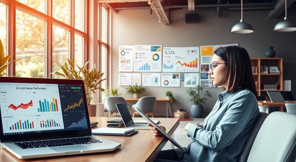 A bright and modern office space filled with high-tech gadgets and stylish furniture. In the foreground, a laptop displays colorful graphs and analytics related to e-commerce content performance. A person in professional attire, focused and thoughtful, is seated at the desk, analyzing the data with a digital tablet in hand. In the middle, there's a wall covered with visual representations of SEO strategies and content marketing metrics, highlighting keywords and charts. In the background, large windows let in natural light, creating a warm and inviting atmosphere, with greenery visible outside. The mood is inspiring and productive, showcasing a successful workspace dedicated to measuring content marketing success. Use a wide-angle lens to capture the entire environment, with soft lighting to enhance the professional feel of the scene.