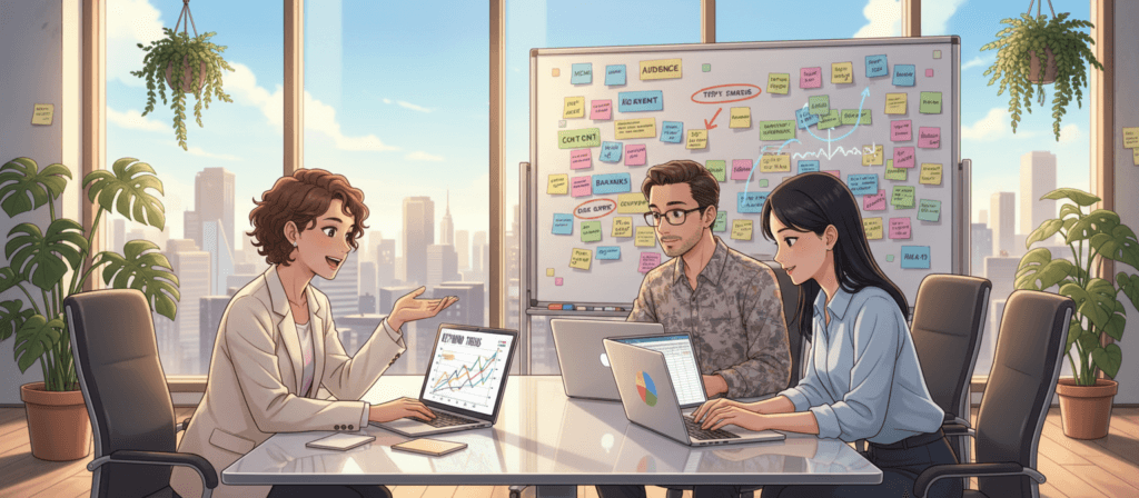 A bright, modern office workspace focused on keyword research for blog traffic growth. In the foreground, a diverse group of three professionals—two women and one man—are collaborating around a sleek conference table, deeply engaged in analyzing data on their laptops. One woman, in smart business attire, is pointing at a colorful graph on a laptop screen showing keyword trends. In the middle ground, a whiteboard is filled with sticky notes and keywords highlighted in vibrant colors, representing brainstorming ideas. The background features large windows allowing natural light to flood in, creating a welcoming atmosphere with green plants adding freshness. Soft shadows and warm lighting enhance the productivity vibe, inviting creativity and teamwork.