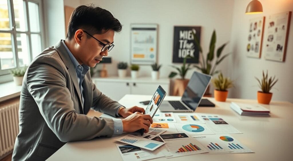 A bright, modern workspace setting, showcasing a freelance email marketing professional at a clean, organized desk. The foreground features a middle-aged person of Asian descent, dressed in smart casual attire, focused on a laptop displaying email designs. In the middle, an assortment of colorful email templates and digital analytics charts are spread across the desk, symbolizing creativity and strategy. The background includes a large window letting in soft, natural light, illuminating potted plants and motivational posters on the wall. The overall mood is dynamic and inspiring, evoking a sense of productivity and professionalism. The angle is slightly overhead, capturing both the workspace details and the subject's concentration, emphasizing the essence of effective email marketing strategies. A bright, modern workspace setting, showcasing a freelance email marketing professional at a clean, organized desk. The foreground features a middle-aged person of Asian descent, dressed in smart casual attire, focused on a laptop displaying email designs. In the middle, an assortment of colorful email templates and digital analytics charts are spread across the desk, symbolizing creativity and strategy. The background includes a large window letting in soft, natural light, illuminating potted plants and motivational posters on the wall. The overall mood is dynamic and inspiring, evoking a sense of productivity and professionalism. The angle is slightly overhead, capturing both the workspace details and the subject's concentration, emphasizing the essence of effective email marketing strategies.