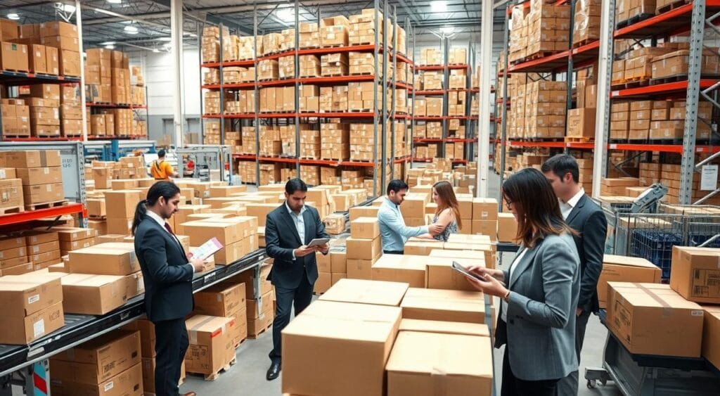A busy ecommerce fulfillment center, showcasing a variety of shipping boxes in a clean, organized warehouse environment. In the foreground, focus on a diverse group of professionals in smart business attire, discussing logistics and analyzing data on tablets. The middle ground features automated sorting systems and conveyor belts, with employees efficiently packing products into boxes. The background highlights tall shelves filled with diverse inventory, emphasizing scalability and operational efficiency. Soft, natural lighting illuminates the scene, with a slightly angled perspective to create depth. The atmosphere is collaborative and industrious, reflecting growth potential in fulfillment services. A busy ecommerce fulfillment center, showcasing a variety of shipping boxes in a clean, organized warehouse environment. In the foreground, focus on a diverse group of professionals in smart business attire, discussing logistics and analyzing data on tablets. The middle ground features automated sorting systems and conveyor belts, with employees efficiently packing products into boxes. The background highlights tall shelves filled with diverse inventory, emphasizing scalability and operational efficiency. Soft, natural lighting illuminates the scene, with a slightly angled perspective to create depth. The atmosphere is collaborative and industrious, reflecting growth potential in fulfillment services.
