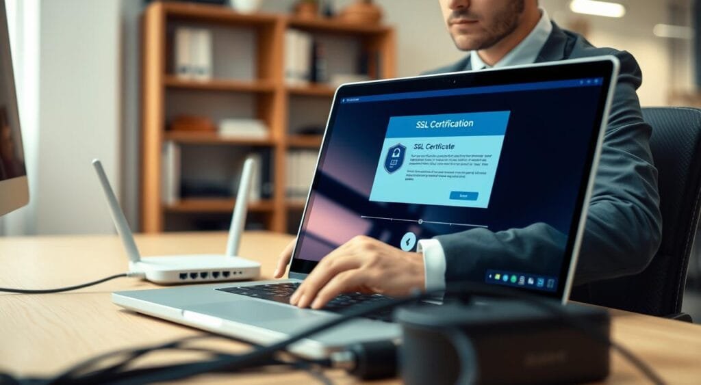 A close-up view of a professional technician in business attire, seated at a desk, focused on installing an SSL certificate on a laptop. The foreground features the laptop screen displaying a certificate installation interface with icons and technical details. In the middle ground, there are network cables and a Wi-Fi router, symbolizing connectivity and security. The background is an office environment, with soft lighting and shelves lined with technology books. The overall mood is one of concentration and professionalism, capturing the essence of technical work. Use a warm color palette to evoke a welcoming atmosphere, with a slight bokeh effect on the background to enhance focus on the technician and the laptop.
