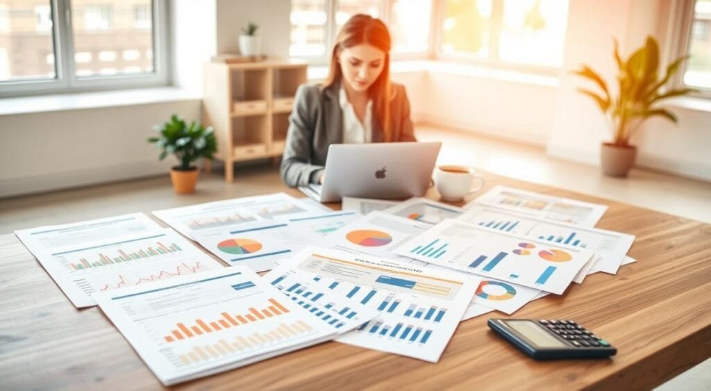 A collection of diverse financial planning templates displayed on a sleek wooden desk in a modern office setting. In the foreground, show a neatly organized layout of colorful templates featuring charts, graphs, and budgeting tools, perhaps with a calculator and a notebook alongside. In the middle ground, a professional woman in business attire analyzes the templates with a focused expression, her laptop open and a cup of coffee nearby. The background features a bright, airy office space with large windows allowing natural light to flood in, highlighting the organized and encouraging environment. The overall mood is one of productivity and empowerment, showcasing the effectiveness of financial planning tools for achieving success. Use soft, warm lighting to create a welcoming atmosphere, emphasizing clarity and professionalism.