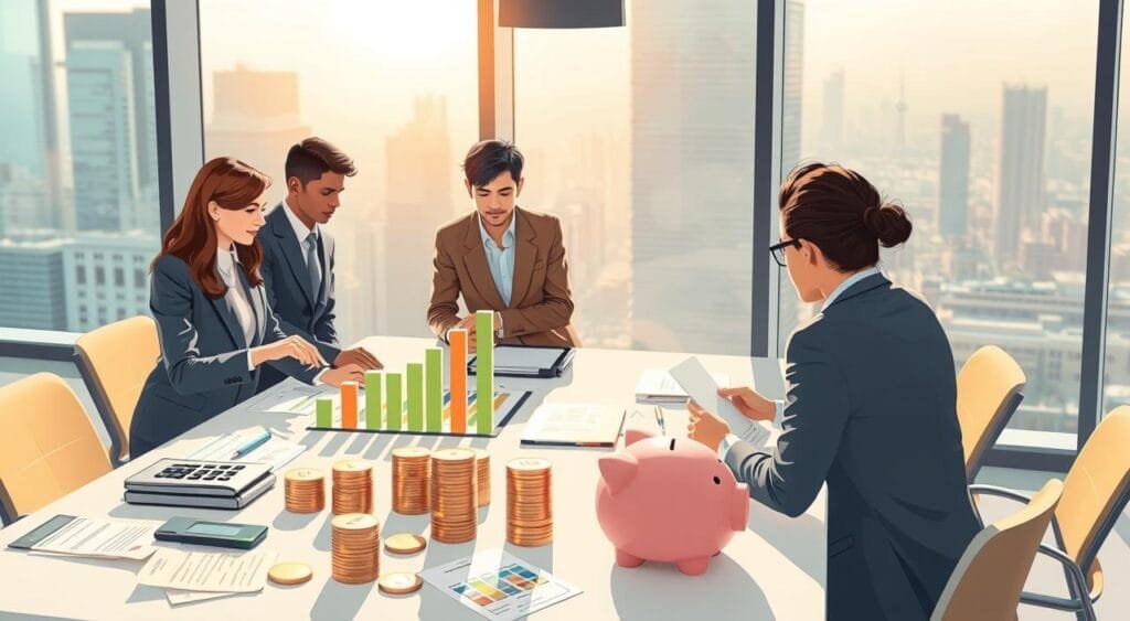 A conceptual illustration depicting the theme of improving wealth accumulation, featuring a diverse group of professionals in smart business attire, collaborating around a large table filled with financial documents, calculators, and growth charts. In the foreground, a woman points at a bar graph showing increasing savings, symbolizing progress. The middle ground showcases stacks of coins and a piggy bank, representing savings strategies and investment. The background includes a large window with cityscape views, bathed in warm natural light, enhancing a sense of prosperity and ambition. The atmosphere is optimistic and focused, capturing the essence of financial empowerment and informed decision-making. The image should have a sharp focus, taken from a slightly elevated angle to provide a comprehensive view of the collaborative effort. A conceptual illustration depicting the theme of improving wealth accumulation, featuring a diverse group of professionals in smart business attire, collaborating around a large table filled with financial documents, calculators, and growth charts. In the foreground, a woman points at a bar graph showing increasing savings, symbolizing progress. The middle ground showcases stacks of coins and a piggy bank, representing savings strategies and investment. The background includes a large window with cityscape views, bathed in warm natural light, enhancing a sense of prosperity and ambition. The atmosphere is optimistic and focused, capturing the essence of financial empowerment and informed decision-making. The image should have a sharp focus, taken from a slightly elevated angle to provide a comprehensive view of the collaborative effort.