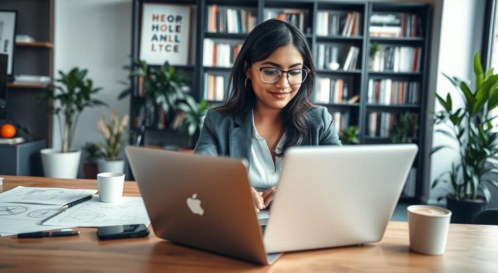 A confident mobile app developer for hire sits at a modern workspace, working on a laptop. The developer is depicted as a South Asian woman in her late twenties, dressed in smart casual attire, wearing glasses. In the foreground, the laptop shows a vibrant app interface with colorful icons. In the middle ground, office elements like a desk with sketches and a coffee cup offer a creative atmosphere. The background features a large bookshelf filled with tech books and plants, adding a touch of warmth. Soft, natural lighting illuminates the scene from a nearby window, creating an inviting and productive mood. The angle is a slight tilt from above, giving a comprehensive view of her focused work.