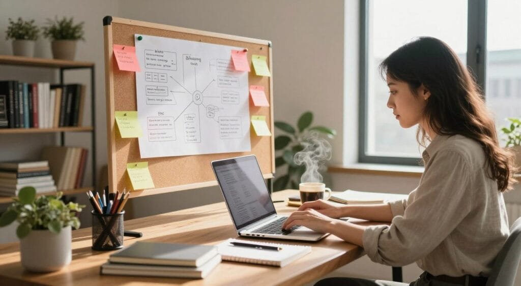 A cozy and modern home office setting, featuring a stylish wooden desk cluttered with a laptop, notebooks, and a steaming cup of coffee. In the foreground, a professional blogger, dressed in smart casual attire, is intently typing on the laptop, immersed in work. The middle layer showcases a large vision board pinned with colorful sticky notes and diagrams representing blogging strategies. In the background, a bookshelf filled with marketing books and plants adds warmth to the atmosphere. Soft, natural light streams through a large window, casting gentle shadows, creating an inviting and productive mood. The angle captures the essence of focus and creativity in driving traffic to a blog, emphasizing a dedicated blogging workspace.