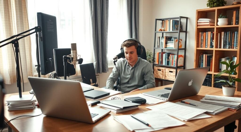 A cozy freelance voice acting workspace featuring a professional voice actor in a well-lit home studio. In the foreground, the actor, dressed in smart casual attire, sits at a desk with high-quality studio microphones, headphones, and soundproofing panels. The mid-ground showcases a laptop with audio editing software open, alongside a variety of scripts and notes scattered around. In the background, a bookshelf filled with voice acting books and a small potted plant adds a touch of warmth. Soft, natural lighting filters through a window, creating a relaxed yet focused atmosphere that conveys creativity and professionalism. The overall mood is inspiring and inviting, emphasizing the importance of finding one’s niche in the voice-over industry.