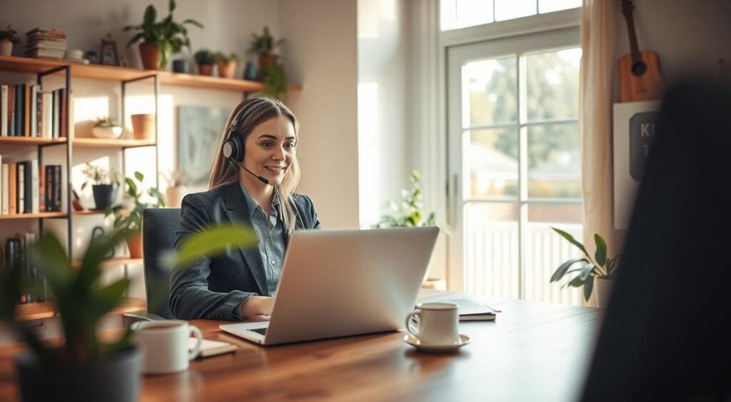 A cozy home office scene featuring a focused customer support freelancer. In the foreground, the individual, a professional woman, sits at a stylish desk with a laptop, wearing smart casual attire. She is engaged in a conversation using a headset, with a notepad and a coffee mug nearby. The middle ground showcases shelves filled with books and plants, creating a welcoming atmosphere. In the background, a window reveals a sunny view of a peaceful neighborhood. Soft, natural lighting floods the room, highlighting the warmth of the space. The overall mood is productive and serene, conveying the essence of managing a freelance customer support business effectively.