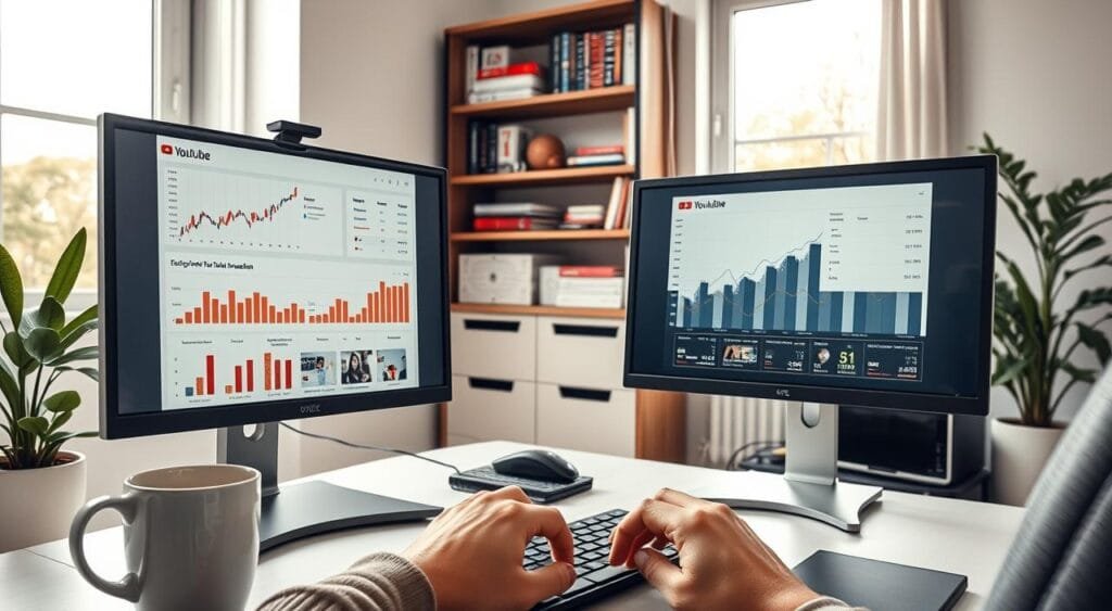 A cozy home office setting featuring a sleek computer setup with dual monitors displaying graphs and analytics representing YouTube monetization. In the foreground, a pair of hands are seen typing on a keyboard, symbolizing content creation, while a coffee cup sits nearby, adding warmth to the scene. The middle layer includes shelves filled with books on digital marketing and video production, illustrating knowledge and strategy. In the background, a large window allows natural light to flood the room, casting soft shadows. The overall mood is focused and inspired, with a light color palette that encourages creativity and productivity. The scene captures the essence of building a faceless YouTube channel, while maintaining a professional atmosphere.
