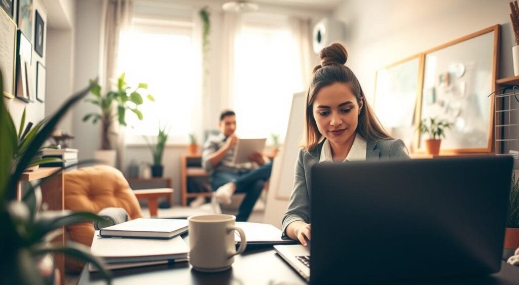 A cozy home office setting filled with vibrant energy, showcasing a diverse group of individuals engaged in freelance remote work. In the foreground, a young woman in professional attire is focused on her laptop, surrounded by notepads and a steaming mug of coffee. In the middle ground, a man in smart casual clothing is on a video call, with a whiteboard filled with notes in the background. Soft, natural light streams through a window, casting a warm glow over the scene, while indoor plants add a touch of freshness. The background reveals a well-organized workspace with personal touches, reflecting creativity and productivity. The atmosphere is inspiring and collaborative, embodying the essence of freelance remote work opportunities. Wide-angle perspective to enhance spatial depth.