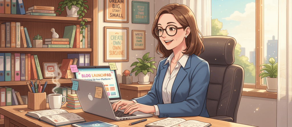 A cozy home office setting showcasing a person in professional business attire, cheerfully setting up their blogging platform on a laptop. In the foreground, the individual, a middle-aged woman with glasses, is surrounded by notes and a coffee cup, engaged in writing. The middle layer includes a stylish desk, a large bookshelf filled with books on blogging and marketing, and an array of colorful stationery. Soft, inviting light filters through a window, creating a warm atmosphere. In the background, a wall adorned with inspiring quotes on success and creativity. The overall mood is productive and uplifting, showcasing the excitement of starting a new blogging journey.