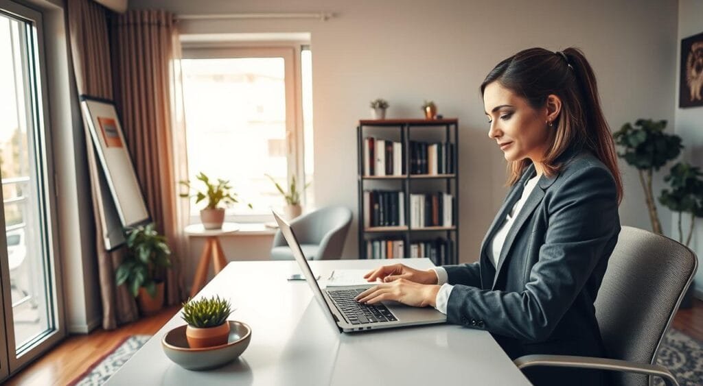 A cozy home office setup featuring a focused freelancer engaged in remote consulting. In the foreground, a woman in professional business attire sits at a modern desk, intently working on a laptop, with a notebook and a cup of coffee beside her. The middle ground showcases a well-organized bookshelf filled with business books and a small potted plant, adding a touch of greenery. The background reveals a large window with soft natural light flooding the room, creating a warm and motivating atmosphere. The overall mood is productive and inspiring, reflecting effective time management, with an inviting and stylish interior. The angle is slightly tilted from above, providing a dynamic view of the workspace.