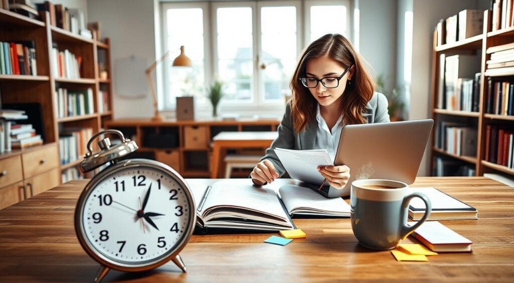 A cozy, modern home office with a young woman sitting at a stylish wooden desk, focused on her laptop. She is dressed in smart casual attire, showcasing concentration as she juggles multiple tasks: a planner filled with notes on one side and an assortment of colorful sticky notes on the other. In the foreground, a clock shows a time that reflects productivity, while a steaming mug of coffee adds warmth. The middle ground features a large window with natural light streaming in, illuminating the space and casting soft shadows. In the background, bookshelves are filled with writing books and resources, creating an inspiring atmosphere. The overall mood is one of motivation and organization, emphasizing the importance of time management for freelance writers.