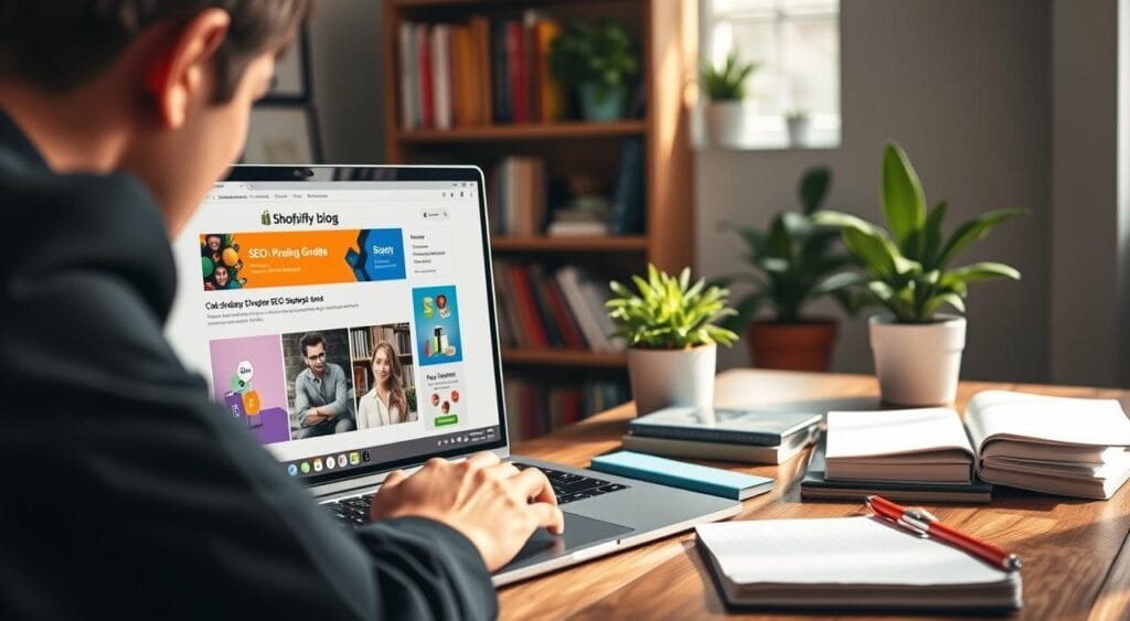A cozy, modern workspace featuring a laptop open to a vibrant Shopify blog dashboard, displaying engaging content on SEO strategies for an online store. In the foreground, a person in professional business attire, deeply focused, typing on the keyboard, surrounded by notepads and SEO guides. In the middle background, a bookshelf filled with colorful marketing books and plants, adding a touch of warmth. Soft, natural lighting streams through a window, casting a gentle glow, creating an inviting atmosphere. The color palette is a blend of earthy tones and bright accents, conveying a sense of creativity and professionalism, making this space ideal for optimizing an online business. The composition is balanced and captures the essence of blogging for SEO optimization. A cozy, modern workspace featuring a laptop open to a vibrant Shopify blog dashboard, displaying engaging content on SEO strategies for an online store. In the foreground, a person in professional business attire, deeply focused, typing on the keyboard, surrounded by notepads and SEO guides. In the middle background, a bookshelf filled with colorful marketing books and plants, adding a touch of warmth. Soft, natural lighting streams through a window, casting a gentle glow, creating an inviting atmosphere. The color palette is a blend of earthy tones and bright accents, conveying a sense of creativity and professionalism, making this space ideal for optimizing an online business. The composition is balanced and captures the essence of blogging for SEO optimization.