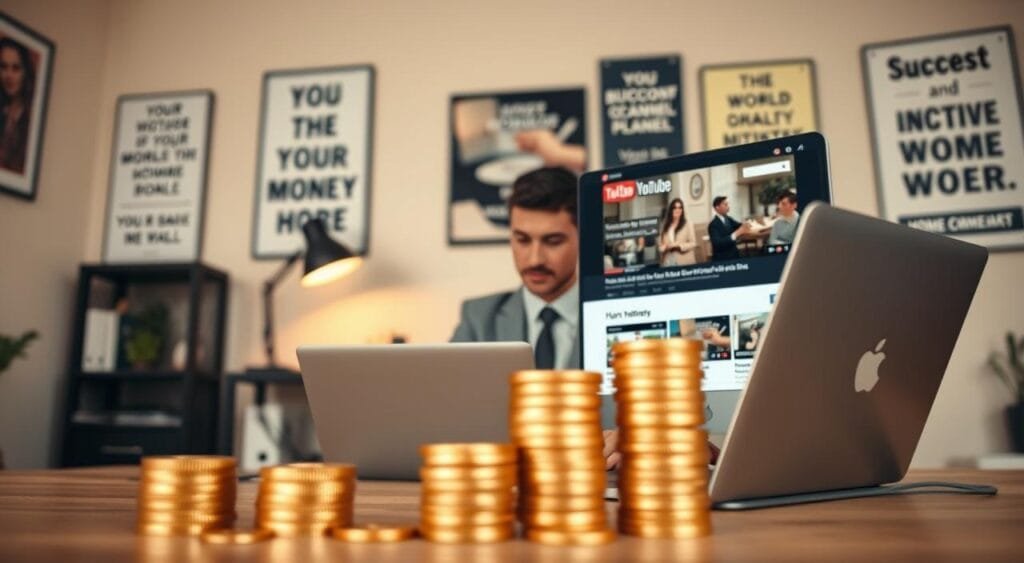 A cozy, modern workspace scene focused on a computer screen displaying a YouTube channel page with engaging thumbnails, emphasizing a "money" theme. In the foreground, three stacks of gold coins sit next to a laptop, symbolizing prosperity from YouTube. The middle ground features a person in professional business attire, slightly blurred, working diligently at the computer, indicating the effort behind building a channel without showing their face. The background reveals a tidy home office, with motivational posters about success and creativity, soft warm lighting that creates a productive atmosphere. The camera angle is slightly above eye level, capturing both the workspace and hints of the supportive environment. The overall mood is inspiring and focused, conveying dedication and ambition in the pursuit of online success.