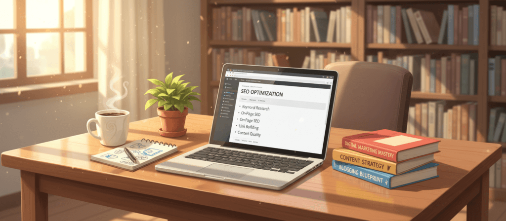 A cozy, well-lit home office scene with a polished wooden desk, showcasing an open laptop displaying a blog post editor filled with text on SEO tips. In the foreground, a cup of steaming coffee and a notepad filled with handwritten notes are situated next to the laptop. In the middle, a potted plant adds a touch of greenery, while a colorful stack of books on digital marketing is positioned nearby. The background features a soft-focus bookshelf filled with various books, creating a scholarly atmosphere. Warm, natural light streams in through a window, creating an inviting and productive mood. The overall atmosphere conveys creativity and professionalism, emphasizing the importance of high-quality content in blogging.