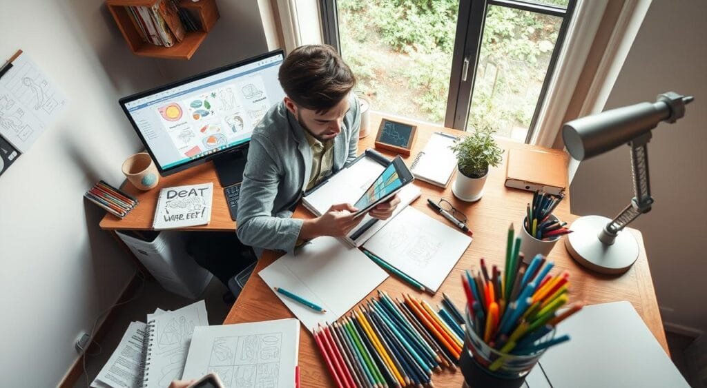 A cozy workspace scene depicting a freelance illustrator at a wooden desk, surrounded by sketches, notebooks, and digital drawing tools. The illustrator, a professional in their 30s, is wearing smart casual clothing, focused on their tablet while taking notes on pricing strategies. In the foreground, neatly arranged art supplies, including colored pencils and markers, add a vibrant touch. The middle ground shows the screen displaying design software, with colorful illustrations visible. In the background, a large window allows soft, natural light to flood in, creating a warm atmosphere. Gentle greenery is visible outside, enhancing the mood of creativity and inspiration. The angle is slightly overhead, emphasizing the workspace layout and the illustrator's engaged demeanor.