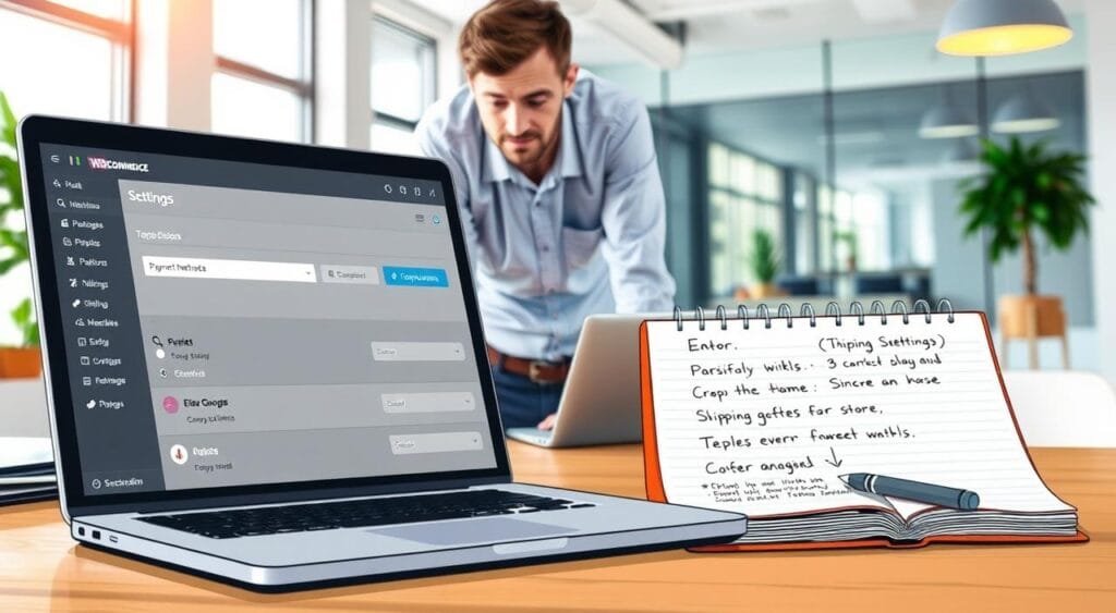 A detailed and engaging illustration of a step-by-step WooCommerce tutorial focused on configuring settings, set in a modern workspace. In the foreground, a laptop screen displays the WooCommerce settings interface, featuring various options such as payment methods, shipping settings, and tax configurations. To the side, a notepad with handwritten notes and a pen emphasizes the instructional aspect. In the middle ground, a person in professional attire, a business casual shirt and slacks, is reviewing the settings with a focused expression, leaning slightly towards the laptop. The background features a bright and clean office space with soft natural lighting coming from a nearby window, creating an inviting and productive atmosphere. A detailed and engaging illustration of a step-by-step WooCommerce tutorial focused on configuring settings, set in a modern workspace. In the foreground, a laptop screen displays the WooCommerce settings interface, featuring various options such as payment methods, shipping settings, and tax configurations. To the side, a notepad with handwritten notes and a pen emphasizes the instructional aspect. In the middle ground, a person in professional attire, a business casual shirt and slacks, is reviewing the settings with a focused expression, leaning slightly towards the laptop. The background features a bright and clean office space with soft natural lighting coming from a nearby window, creating an inviting and productive atmosphere.