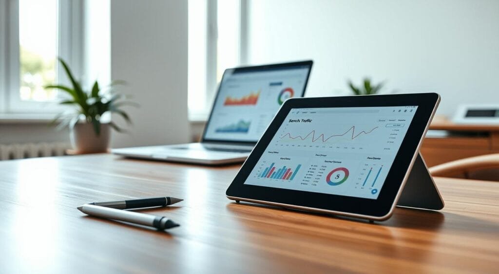 A digital tablet displaying intricate graphs and reports representing search traffic analysis sits on a sleek wooden desk. In the foreground, a stylus rests beside the tablet, hinting at interactivity. The middle ground features a well-organized workspace with a laptop open to a Google Search Console dashboard, showcasing colorful charts and keywords in a crisp layout. In the background, a bright window filters natural light into the room, casting a welcoming glow that enhances the analytical atmosphere. The mood is focused and professional, capturing the essence of performance analysis in a modern blogging context. The scene is shot from a slightly elevated angle to provide a comprehensive view of the workspace, emphasizing clarity and organization.