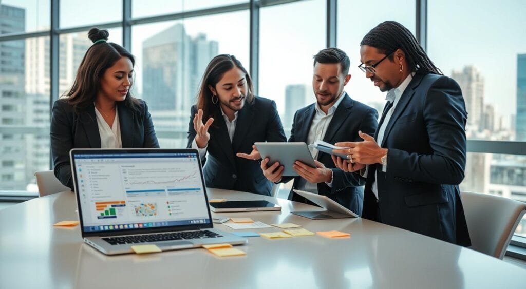 A diverse group of three professionals in smart business attire, gathered around a modern conference table, collaborating on a project plan. The foreground features a laptop displaying project management software, sticky notes, and a digital tablet. In the middle ground, one person gestures while discussing strategies, while another types notes with focused expressions, emphasizing teamwork and problem-solving. The background shows a large window with city views, allowing natural light to illuminate the room, creating a dynamic atmosphere. The setting conveys an air of professionalism and determination, illustrating the challenges of freelance project management amidst a collaborative environment. The composition is shot at eye-level to engage the viewer and highlight the new-age work culture.