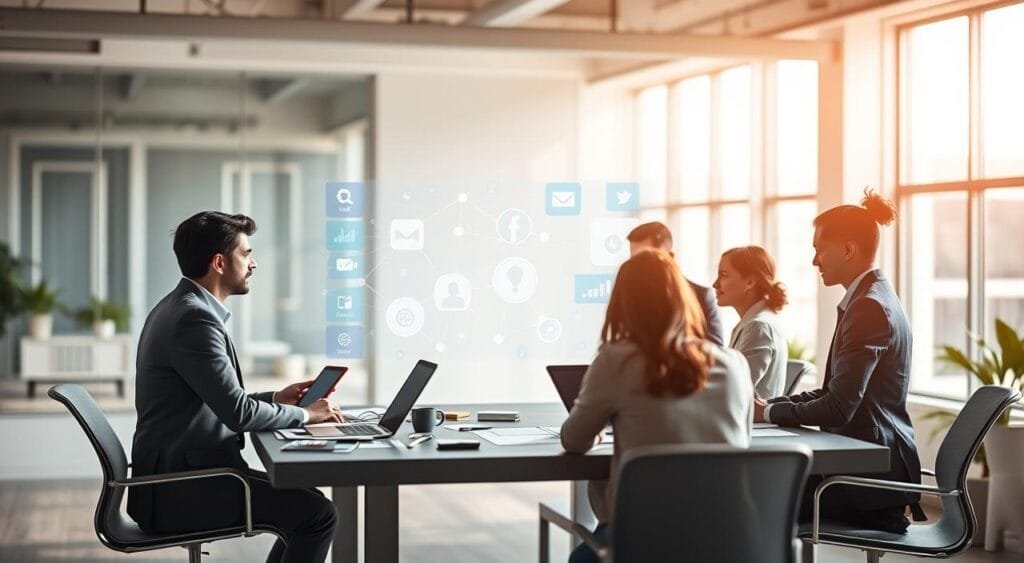 A dynamic and visually engaging representation of Off-Page SEO strategies, featuring a professional workspace. In the foreground, a diverse group of three individuals, all dressed in business attire, collaborate around a large table covered with digital devices and SEO strategy charts. In the middle ground, a digital screen displays interconnected web links and social media icons, symbolizing backlinking and social engagement. The background features a modern office setup with large windows letting in soft, natural light, creating an inspiring atmosphere. The mood should be focused and innovative, capturing the essence of teamwork and digital marketing strategy. Use a slight top-down angle to emphasize the collaborative aspect of SEO strategy. A dynamic and visually engaging representation of Off-Page SEO strategies, featuring a professional workspace. In the foreground, a diverse group of three individuals, all dressed in business attire, collaborate around a large table covered with digital devices and SEO strategy charts. In the middle ground, a digital screen displays interconnected web links and social media icons, symbolizing backlinking and social engagement. The background features a modern office setup with large windows letting in soft, natural light, creating an inspiring atmosphere. The mood should be focused and innovative, capturing the essence of teamwork and digital marketing strategy. Use a slight top-down angle to emphasize the collaborative aspect of SEO strategy.