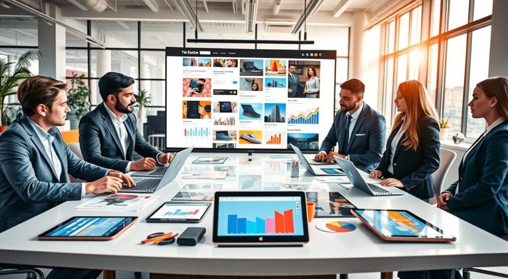 A dynamic digital content marketing scene illustrating various types of content that drive sales for e-commerce. In the foreground, a diverse group of three professionals—two men and one woman—dressed in smart, professional attire, are discussing strategies around a sleek, modern table covered with digital devices like laptops and tablets showcasing vibrant graphs and product images. In the middle, a large screen displays rich visuals of social media posts, blog articles, and video thumbnails, emphasizing engaging content. The background features a creative office space with large windows letting in bright, natural light, creating a productive atmosphere. The overall mood is energetic and collaborative, conveying innovation in digital marketing strategies. Use a wide-angle lens to capture the depth of the scene, highlighting the interaction and tools.