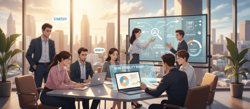 A dynamic office environment illustrating the concept of enhancing blog visibility through referral data. In the foreground, a diverse group of professionals in smart, casual attire is gathered around a sleek conference table, analyzing colorful graphs displayed on a laptop and a large screen. In the middle ground, vibrant infographics about blog traffic and data analytics are visible on a whiteboard, emphasizing collaboration and strategy. The background features large windows with bright natural light streaming in, creating an inviting atmosphere. Soft focus on blurred cityscape adds depth, while warm lighting enhances a sense of teamwork and innovation. The overall mood conveys motivation and ambition, highlighting the importance of data-driven decisions in driving blog traffic.