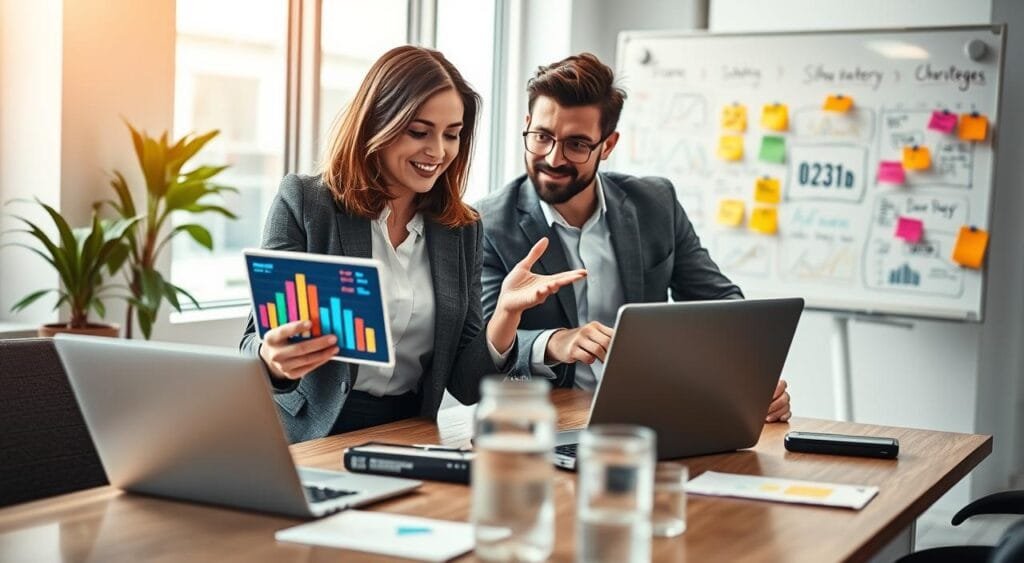 A dynamic office scene capturing the essence of social media marketing, featuring a diverse group of three professionals brainstorming around a modern workspace table. In the foreground, a woman with shoulder-length brown hair, dressed in a smart business outfit, gestures animatedly while holding a digital tablet. Beside her, a man in a crisp suit points to vibrant social media analytics displayed on a laptop. In the background, soft natural light filters through large windows, illuminating a whiteboard filled with colorful post-it notes and digital strategy sketches, creating an engaging and collaborative atmosphere. The image should evoke a sense of creativity and teamwork, with a warm color palette emphasizing productivity and enthusiasm. A dynamic office scene capturing the essence of social media marketing, featuring a diverse group of three professionals brainstorming around a modern workspace table. In the foreground, a woman with shoulder-length brown hair, dressed in a smart business outfit, gestures animatedly while holding a digital tablet. Beside her, a man in a crisp suit points to vibrant social media analytics displayed on a laptop. In the background, soft natural light filters through large windows, illuminating a whiteboard filled with colorful post-it notes and digital strategy sketches, creating an engaging and collaborative atmosphere. The image should evoke a sense of creativity and teamwork, with a warm color palette emphasizing productivity and enthusiasm.