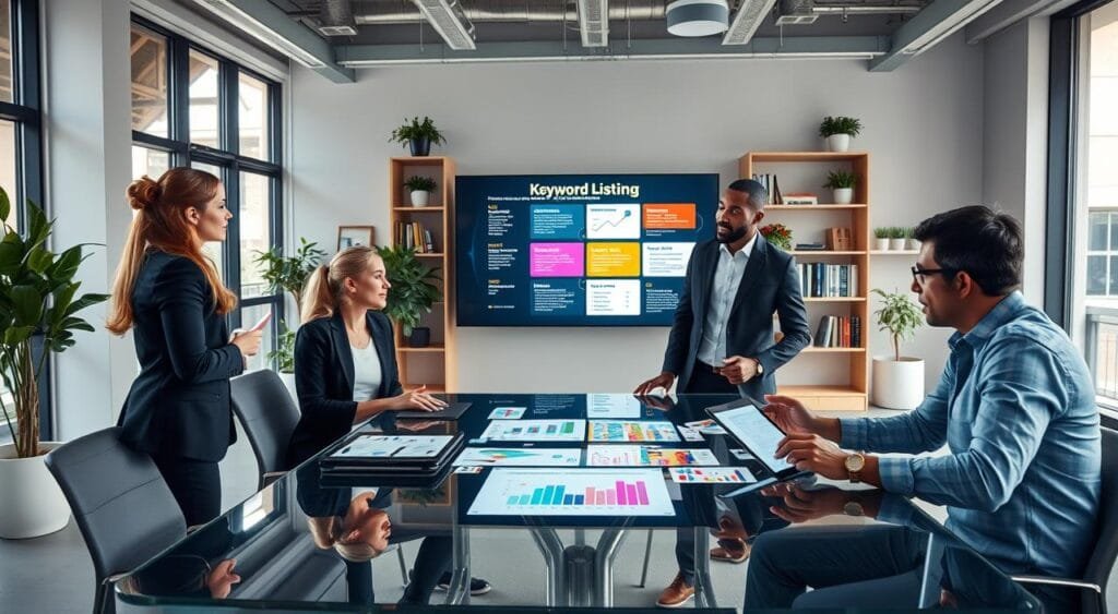A dynamic office scene focused on keyword optimization for product listings. In the foreground, a diverse group of three professionals—two women and one man—are engaged in a brainstorming session around a glass conference table, surrounded by digital devices showcasing graphs and keyword lists. The middle layer features a large screen displaying colorful infographics about keyword effectiveness. In the background, a modern office with large windows allows soft natural light to pour in, illuminating potted plants and bookshelves filled with relevant marketing materials. The atmosphere is collaborative and energetic, conveying a sense of innovation and strategy. The professionals are dressed in smart casual business attire, emphasizing a contemporary work environment.