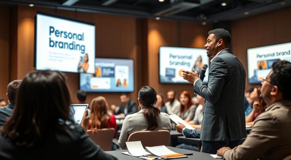 A dynamic public speaking scene set in a modern conference room. In the foreground, a confident speaker of mixed ethnicity, dressed in professional business attire, stands at a podium delivering a compelling presentation to an engaged audience. The middle ground features diverse attendees, seated and attentively listening, taking notes, and nodding in agreement. The background showcases large screens displaying visually appealing slides related to personal branding concepts. The lighting is bright and focused on the speaker, creating a spotlight effect while maintaining a warm, inviting atmosphere throughout the room. The angle captures the speaker's energized expression and the audience's responsive engagement, conveying an inspiring and motivational vibe. The overall mood is professional yet approachable, emphasizing the importance of public speaking in personal brand marketing.