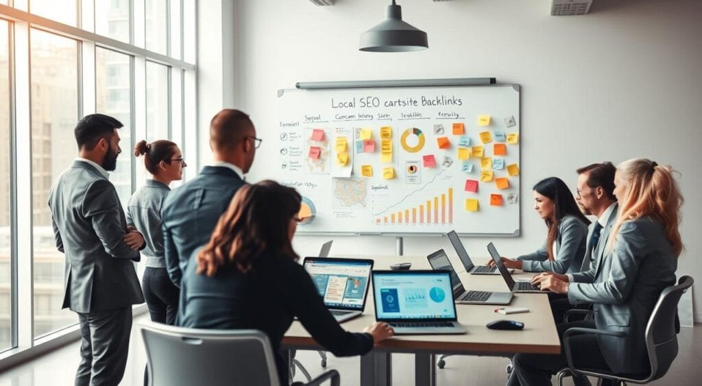 A dynamic scene depicting a professional e-commerce website optimization meeting. In the foreground, a diverse group of business professionals, dressed in smart business attire, gathers around a large table, analyzing charts and graphs on laptops that showcase local backlink strategies. In the middle, a large whiteboard covered in colorful sticky notes illustrates local SEO concepts and backlinks, while graphs highlight potential growth. In the background, a bright, modern office environment with large windows allowing natural light to flood the space, creating an energetic and collaborative atmosphere. Soft lighting enhances the focus on the group, emphasizing teamwork and strategy development. The mood is focused yet enthusiastic, symbolizing innovation in local SEO.