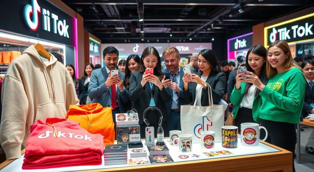 A dynamic scene showcasing a selection of trendy merchandise designed for TikTok, including vibrant apparel, unique phone accessories, and eye-catching stickers. In the foreground, a well-lit display table features colorful hoodies, tote bags, and stylish mugs with engaging graphics. The middle ground presents a group of diverse young adults, dressed in professional business attire, enthusiastically reviewing their merchandise while utilizing smartphones to take selfies or record videos. The background features a lively shopping environment with neon lights and TikTok branding, creating an energetic atmosphere. Soft, natural lighting enhances the vibrancy of the products, and the composition is captured from a slightly elevated angle to encapsulate the excitement of merchandise sales on TikTok.