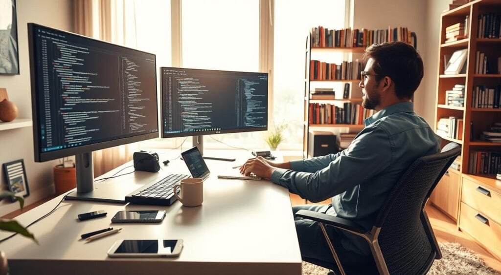 A dynamic workspace depicting a freelance software developer in a modern home office. In the foreground, a professional individual in smart casual attire sits at a sleek desk with dual monitors displaying lines of code and project management tools. The developer is intently focused on their work, with a notepad and coffee cup nearby. In the middle ground, scattered tech gadgets like a tablet and a smartphone can be seen, emphasizing a tech-savvy environment. The background features a stylish bookshelf filled with programming books and a large window allowing natural light to flood the space, creating a bright and inspiring atmosphere. Soft shadows add depth, while warm lighting conveys a sense of productivity and comfort. The overall mood should be one of focus and creativity in the realm of freelance software development.