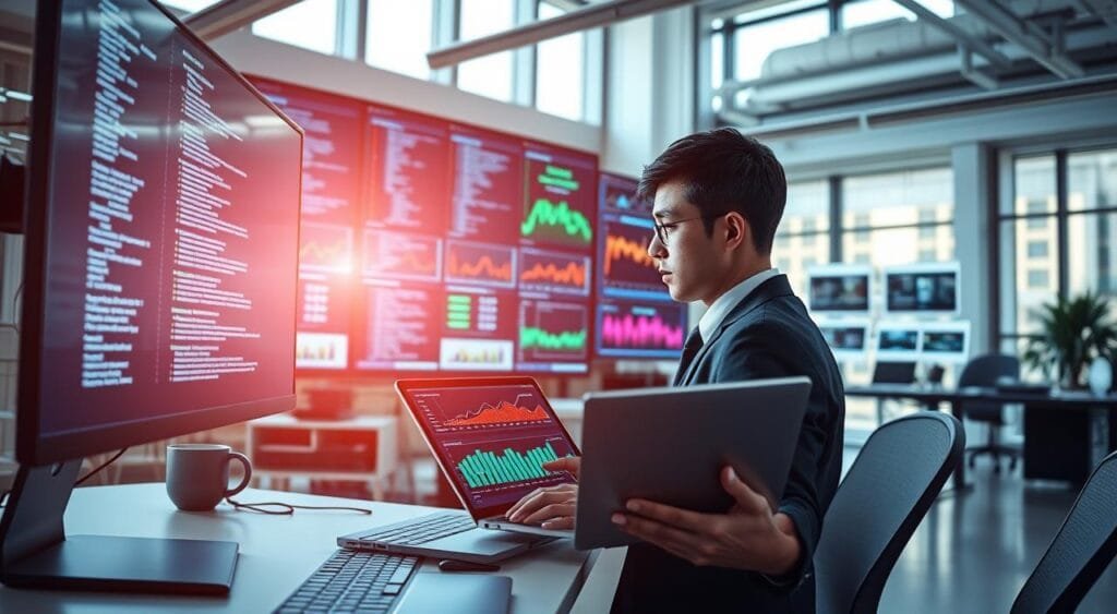 A dynamic workspace showcasing a high-tech computer screen displaying lines of code and graphical performance metrics. In the foreground, a professional in business attire is intently analyzing the data, using a sleek laptop and a digital tablet filled with optimization graphs. The middle layer features a wall of digital displays with fast-loading webpage previews, showcasing speed optimization improvements in vibrant colors. The background includes a futuristic, well-organized office setup, bathed in bright, natural lighting coming from large windows, creating an energetic atmosphere. The scene conveys a sense of efficiency and innovation, emphasizing the essential aspect of code optimization for website performance. A dynamic workspace showcasing a high-tech computer screen displaying lines of code and graphical performance metrics. In the foreground, a professional in business attire is intently analyzing the data, using a sleek laptop and a digital tablet filled with optimization graphs. The middle layer features a wall of digital displays with fast-loading webpage previews, showcasing speed optimization improvements in vibrant colors. The background includes a futuristic, well-organized office setup, bathed in bright, natural lighting coming from large windows, creating an energetic atmosphere. The scene conveys a sense of efficiency and innovation, emphasizing the essential aspect of code optimization for website performance.