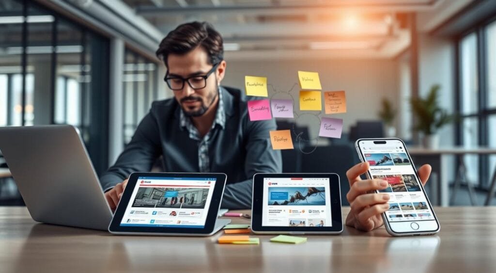 A dynamic workspace showcasing mobile responsive design in action. In the foreground, a professional in smart-casual attire is engaged with multiple devices: a laptop, tablet, and smartphone, each displaying various website layouts that adapt to different screen sizes. In the middle, there are colorful sticky notes and sketches representing frameworks and libraries like Bootstrap and Foundation, enhancing the design workflow. The background features a modern office environment, with soft natural light streaming through a window, highlighting the productivity. The overall atmosphere is innovative and collaborative, with a slight blur effect on the background to emphasize the subject. The angle is slightly elevated, capturing the tech-savvy essence of responsive design. A dynamic workspace showcasing mobile responsive design in action. In the foreground, a professional in smart-casual attire is engaged with multiple devices: a laptop, tablet, and smartphone, each displaying various website layouts that adapt to different screen sizes. In the middle, there are colorful sticky notes and sketches representing frameworks and libraries like Bootstrap and Foundation, enhancing the design workflow. The background features a modern office environment, with soft natural light streaming through a window, highlighting the productivity. The overall atmosphere is innovative and collaborative, with a slight blur effect on the background to emphasize the subject. The angle is slightly elevated, capturing the tech-savvy essence of responsive design.