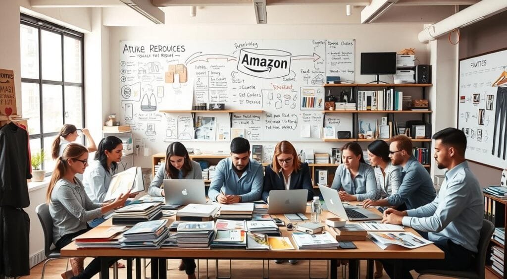 A dynamic workspace showcasing the process of sourcing products to sell on Amazon. In the foreground, a diverse group of professionals in business casual attire collaborates at a large table covered with catalogs, laptops, and product samples. The middle ground features shelves filled with various consumer goods, showcasing potential products to sell, such as electronics, home goods, and fashion items. In the background, a large whiteboard is filled with brainstorming ideas and notes on supply chains and market research. Soft, natural lighting pours in through a window, creating an inspiring and productive atmosphere. The scene conveys a mood of teamwork, innovation, and opportunity within the e-commerce space.
