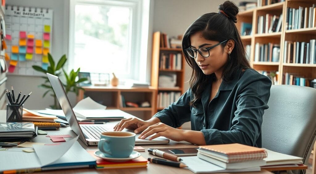 A focused freelance content creator sits at a modern desk cluttered with notebooks, a laptop, and a steaming cup of coffee. In the foreground, the creator, a young South Asian woman in professional casual attire, is typing intently, herExpression engaged and thoughtful. The middle layer features colorful sticky notes and a wall calendar with deadlines, symbolizing effective time management. The background reveals a cozy, well-lit room with natural light streaming through a window, showcasing bookshelves filled with reference materials. The atmosphere is productive and inspiring, with soft, warm lighting and a shallow depth of field to emphasize the subject. The image conveys a sense of determination and organization, perfect for illustrating time management tips for freelancers. A focused freelance content creator sits at a modern desk cluttered with notebooks, a laptop, and a steaming cup of coffee. In the foreground, the creator, a young South Asian woman in professional casual attire, is typing intently, herExpression engaged and thoughtful. The middle layer features colorful sticky notes and a wall calendar with deadlines, symbolizing effective time management. The background reveals a cozy, well-lit room with natural light streaming through a window, showcasing bookshelves filled with reference materials. The atmosphere is productive and inspiring, with soft, warm lighting and a shallow depth of field to emphasize the subject. The image conveys a sense of determination and organization, perfect for illustrating time management tips for freelancers.