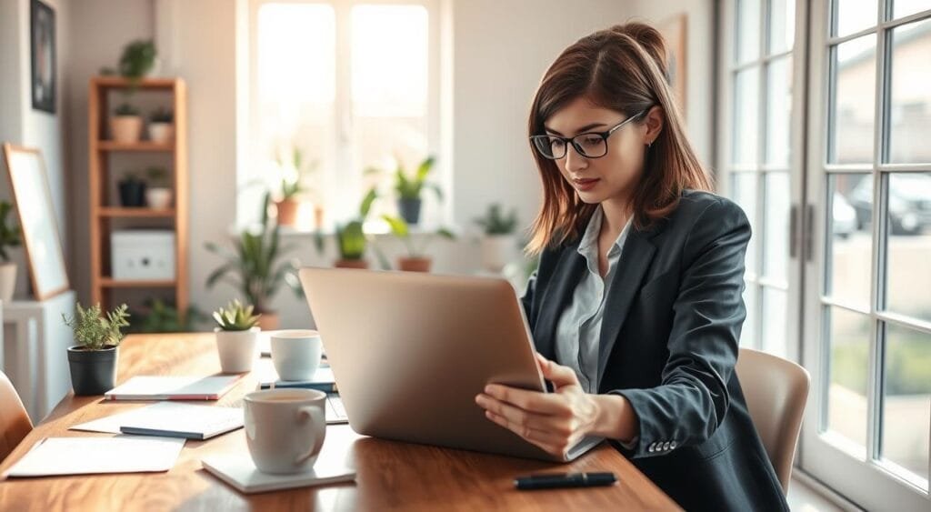 A focused freelance data entry professional, a woman in her late 20s, dressed in smart casual attire, intently working on her laptop at a stylish home office. In the foreground, a wooden desk cluttered with notes, a laptop, and a cup of coffee. In the middle ground, natural light streaming through a large window, casting a warm glow on the space filled with indoor plants and a bookshelf. The background has soft, blurred colors suggesting a calm neighborhood outside. The atmosphere is productive and inviting, conveying a sense of professionalism and dedication to client relationships. The image captures an engaging moment of connection and work, emphasizing a balance between work and a comfortable home environment.
