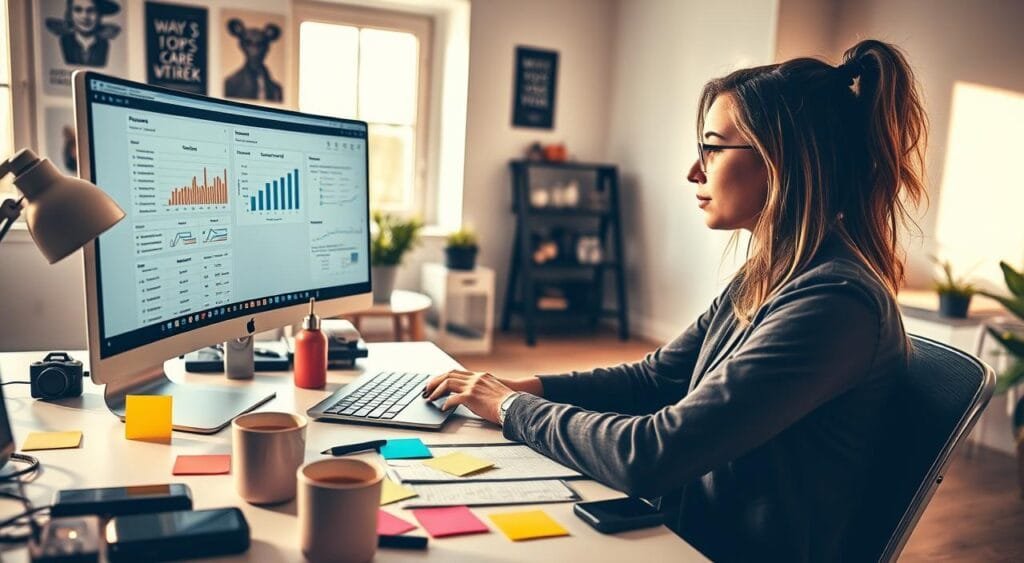 A focused freelance web developer sits at a modern desk cluttered with a laptop, notepad, and technical gadgets, representing the essence of remote work. In the foreground, the developer, a woman in professional yet casual attire, is intently analyzing a pricing chart and client emails on her screen. In the middle, the desk showcases colorful sticky notes and coffee cups, symbolizing brainstorming and creativity. The background features a bright, minimalist home office adorned with motivational posters and a window that lets in natural light, casting soft shadows. The atmosphere is one of concentration and determination, illuminated by warm lighting, enhancing the professional yet relaxed vibe of the setting, with a slight depth of field effect to emphasize the subject while gently blurring the background.