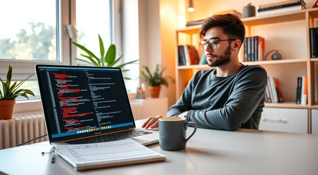 A focused freelance web developer sits at a modern desk in a bright, inviting home office. The foreground features a sleek laptop displaying colorful code and website designs, alongside a notepad with time management notes. The middle ground includes a large window allowing warm, natural light to flood the space, illuminating a potted plant and a coffee mug. In the background, soft shelves hold inspiring books about web development and productivity. The overall atmosphere conveys motivation and productivity, with a cozy yet professional vibe. This image should be captured with a slightly elevated angle, enhancing the sense of depth and organization, using soft lighting to create an inviting environment that emphasizes effective time management.