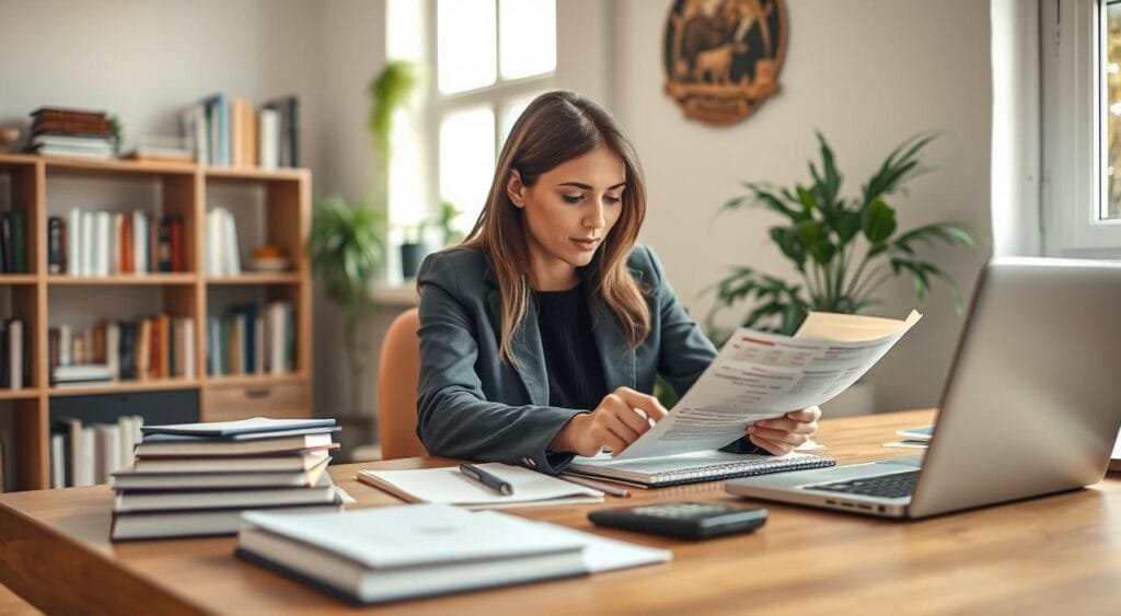 A focused freelance writer managing finances in a cozy home office setting, surrounded by notebooks, a laptop, and a calculator. In the foreground, a young adult woman in professional business attire is seated at a stylish wooden desk, intently reviewing financial documents while typing notes. The middle ground features shelves filled with books and a potted plant, adding a touch of greenery. The background includes a window with natural light streaming in, creating a warm and inviting atmosphere. The scene is captured with a shallow depth of field to emphasize the writer's concentration while softening the background. The overall mood is productive and inspiring, reflecting the essence of managing one's freelance business effectively. A focused freelance writer managing finances in a cozy home office setting, surrounded by notebooks, a laptop, and a calculator. In the foreground, a young adult woman in professional business attire is seated at a stylish wooden desk, intently reviewing financial documents while typing notes. The middle ground features shelves filled with books and a potted plant, adding a touch of greenery. The background includes a window with natural light streaming in, creating a warm and inviting atmosphere. The scene is captured with a shallow depth of field to emphasize the writer's concentration while softening the background. The overall mood is productive and inspiring, reflecting the essence of managing one's freelance business effectively.