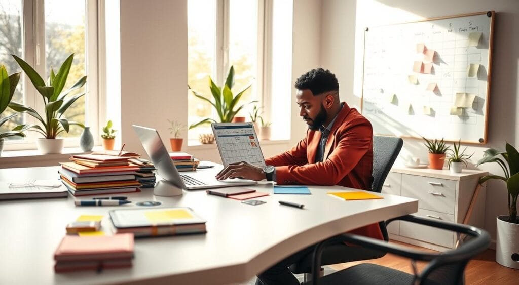 A focused freelancer seated at a sleek, modern desk, surrounded by a lively assortment of colorful planners, sticky notes, and digital devices. In the foreground, the freelancer, a person of diverse appearance, is reviewing a well-organized calendar on a laptop, dressed in smart casual attire. The middle ground features a wall-mounted whiteboard filled with task lists and deadlines. The background shows a bright, airy home office with large windows letting in warm, natural light, plants adding a fresh touch. Soft shadows create a serene atmosphere, emphasizing productivity and organization. The overall mood is one of calm determination and efficiency, capturing the essence of managing time effectively as a freelancer.