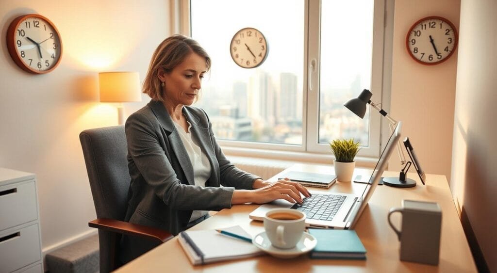 A focused home office scene illustrating part-time data entry roles. In the foreground, a middle-aged woman in smart casual attire, sitting comfortably at a tidy desk, intently typing on a laptop while managing a calendar on her smartphone. In the middle, a well-organized workspace with notebooks, a cup of coffee, and a wall clock displaying different time zones, symbolizing effective time management. In the background, a soft-lit window reveals a cityscape, suggesting a modern urban setting. The atmosphere is calm and productive, emphasizing efficiency and balance in a freelance environment. Use warm, natural lighting to create an inviting ambiance, capturing a sense of dedication and professionalism.