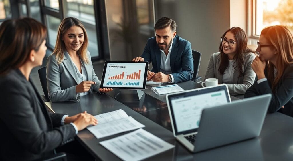 A focused, professional setting depicts a diverse group of freelancers discussing pricing strategies around a sleek conference table. In the foreground, a confident woman in a smart blazer points to a digital tablet displaying graphs and charts, illustrating competitive pricing models. Beside her, a man in business casual attire takes notes, while a woman in glasses sips coffee, engaged in the conversation. The middle ground showcases documents with pricing breakdowns and a laptop with open software for financial analysis. The background features a large window letting in natural light, casting a warm glow over the scene. The overall mood is collaborative and optimistic, conveying an atmosphere of professionalism and strategic thinking. The image is captured from a slightly elevated angle, emphasizing the group’s engagement and the seriousness of the discussion.