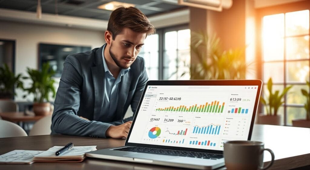 A focused, professional workspace displaying a detailed analysis of performance metrics on the Salla app. In the foreground, a laptop with a brightly lit screen showing charts and graphs, with colorful data visualizations. Beside it, a notepad with handwritten notes and a cup of coffee. In the middle ground, a casually dressed young man in a business-friendly outfit, intently examining the metrics displayed on the laptop, with an expression of concentration. The background features a modern office setting with soft overhead lighting, a large window revealing a sunny day outside, and indoor plants that add a touch of freshness. The overall atmosphere is one of productivity and expertise, capturing the essence of performance analysis in e-commerce.