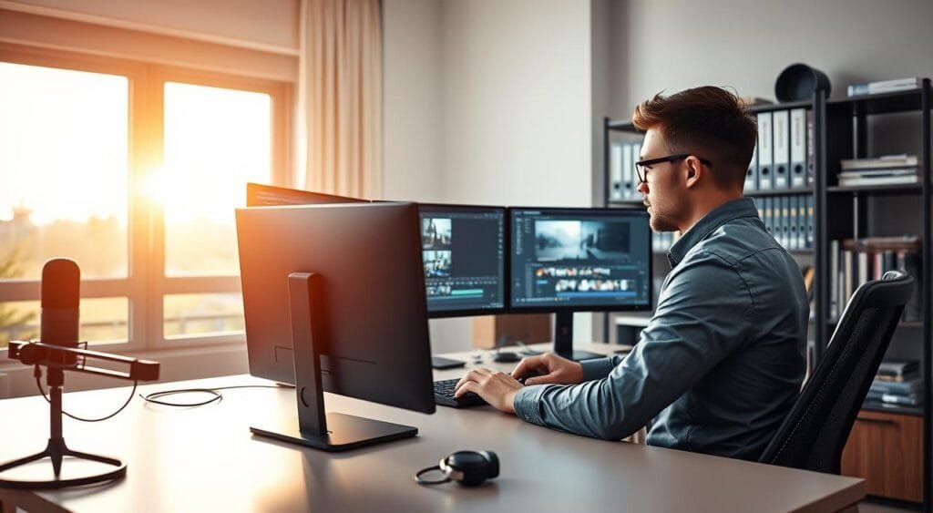 A focused, remote video editor working in a modern home office, seated at a sleek, organized desk with dual monitors displaying video editing software. The foreground features the editor, a professional dressed in smart casual attire, intently reviewing video clips, with a look of concentration. In the middle ground, a stylish bookshelf filled with production manuals and creative materials complements the workspace. The background includes a window showcasing a pleasant outdoor view that filters in warm, natural light, creating a productive atmosphere. The scene captures an essence of collaboration, with subtle hints of digital tools like a microphone and headphones nearby. The overall mood is vibrant yet serene, reflecting the balance between creativity and professionalism.